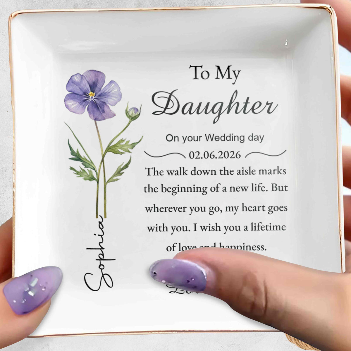 To My Daughter On Your Wedding Day With Purple Flower - Personalized Custom Jewelry Dish, Square Ceramic Dish - DAU322_SCRD
