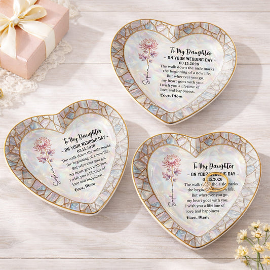 To My Daughter On Your Wedding Day Flower Heart Jewelry Dish - Personalized Custom Jewelry Dish, Ceramic Dish, Heart Shape - DAU354_HCRF