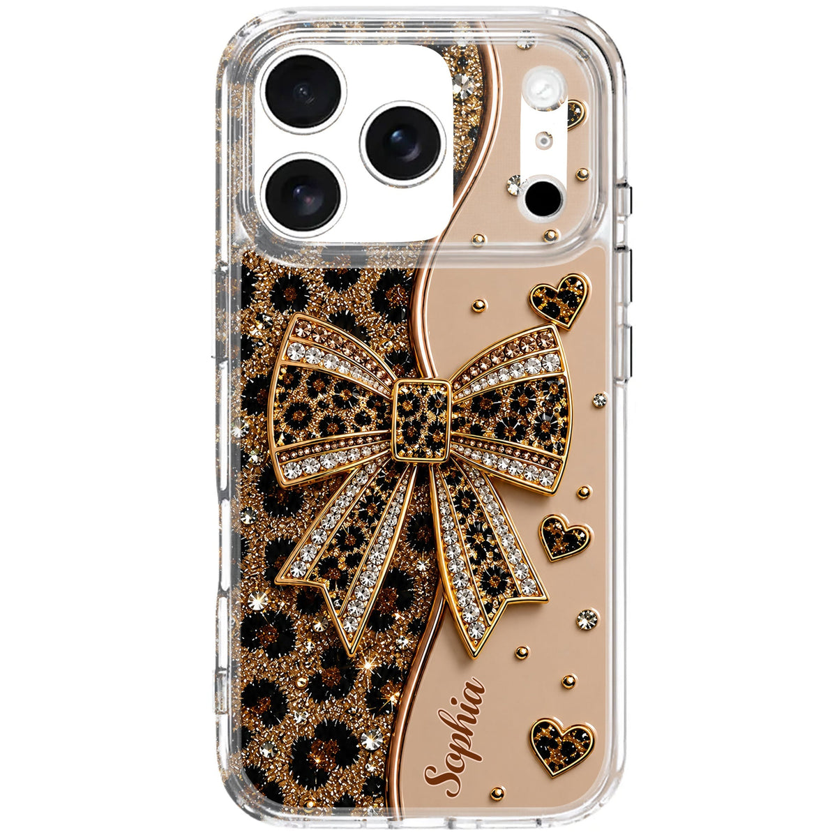 Stay Fabulous Leopard Print With Diamond Bow And Hearts - Personalized Clear Phone Case - DTG124_PHC