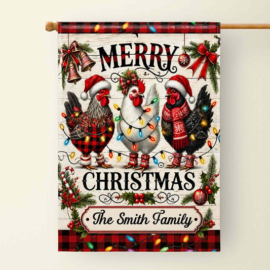 Merry Christmas Our Family With Festive Chickens And Holiday Lights - Personalized Flag - FAM1016_GAF