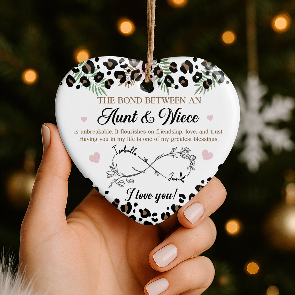 The Bond Between An Aunt & Niece, Hearts, Floral Design - Personalized Custom Ceramic Ornament With Heart Shape - FAM777_HCE