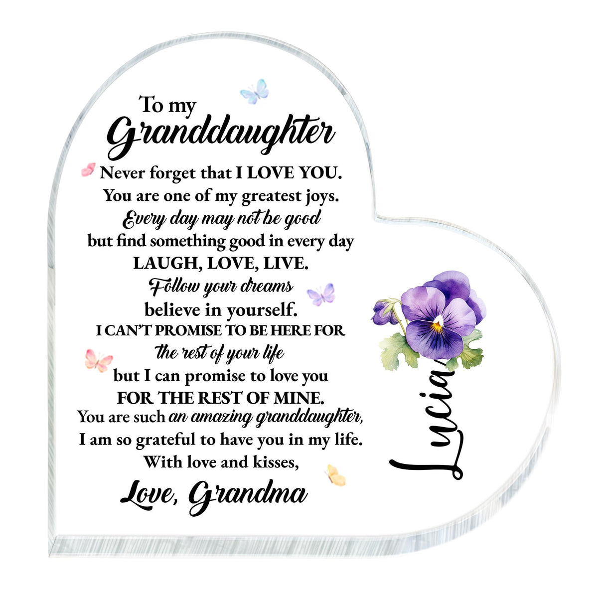 Love And Life Promises To Granddaughter With Butterflies And Flowers - Personalized Heart Shaped Acrylic Plaque - GDT123_HAP