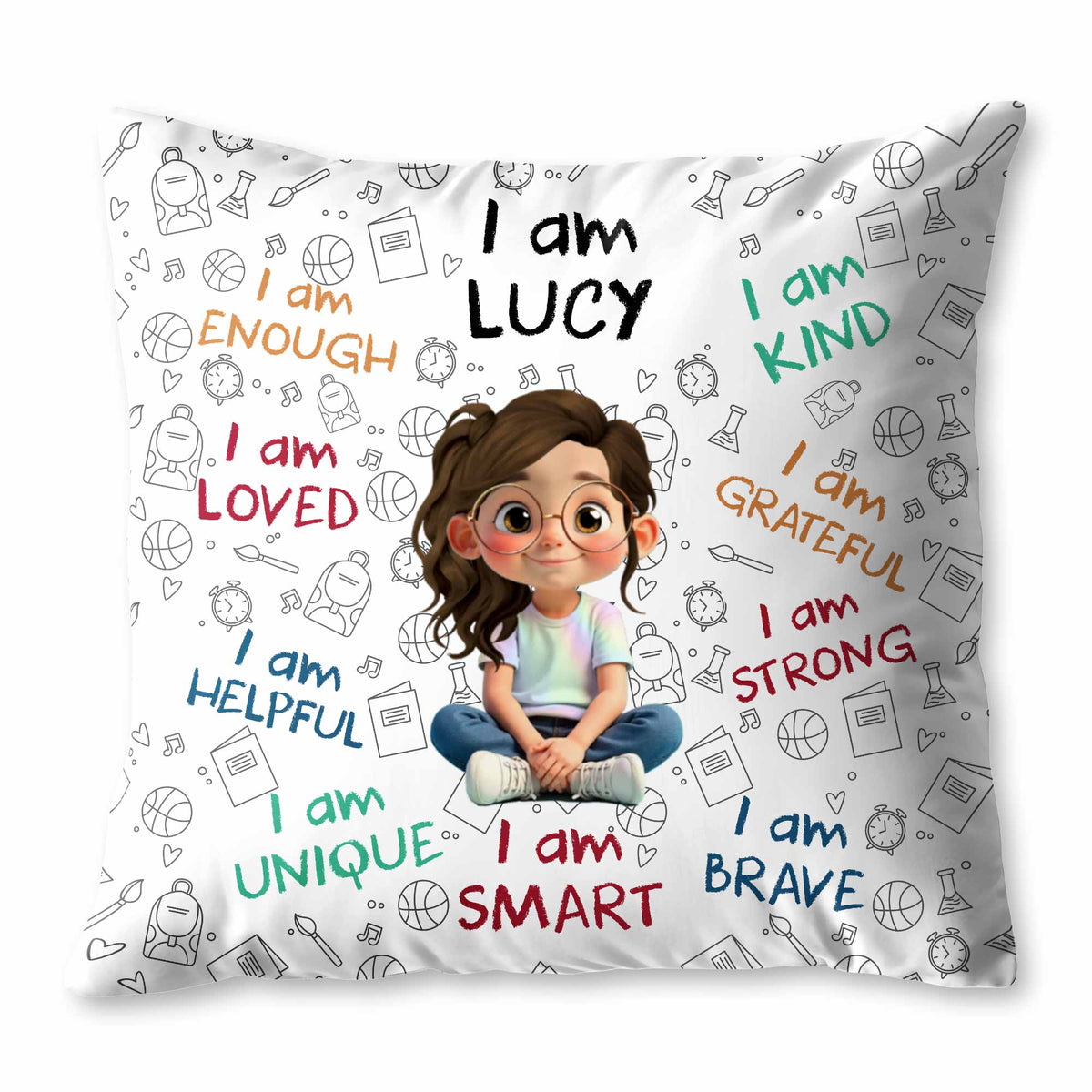 I Am Enough, Loved, Unique, Brave, Cartoon Girl - Personalized Custom Pillow, Insert Included - KID243_PLW