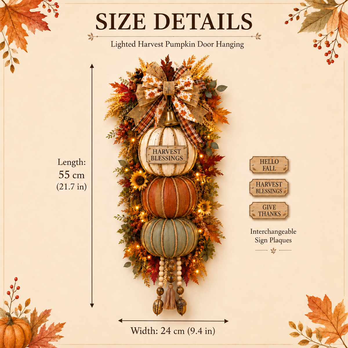 🏡ONLY DAY 60% OFF 🎃Lighted Stacked Pumpkin Fall Door Decor with 3 Seasonal Plaques