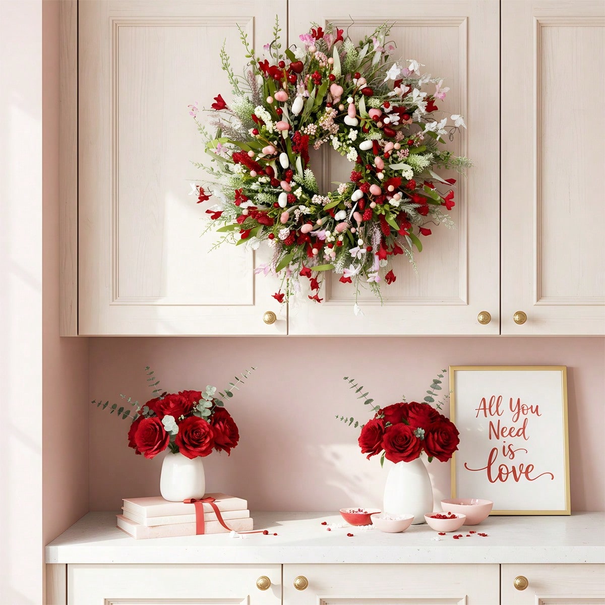 17.72' Spring Wreaths for Front Door Not Withering Artificial Floral Wreath with Wildflowers Summer Decorations for Indoor Outdoor Window Wall Farmhouse Porch Wedding Easter Home Decor Red Pink, Valentines Day, Mothers Day, Spring Decoration