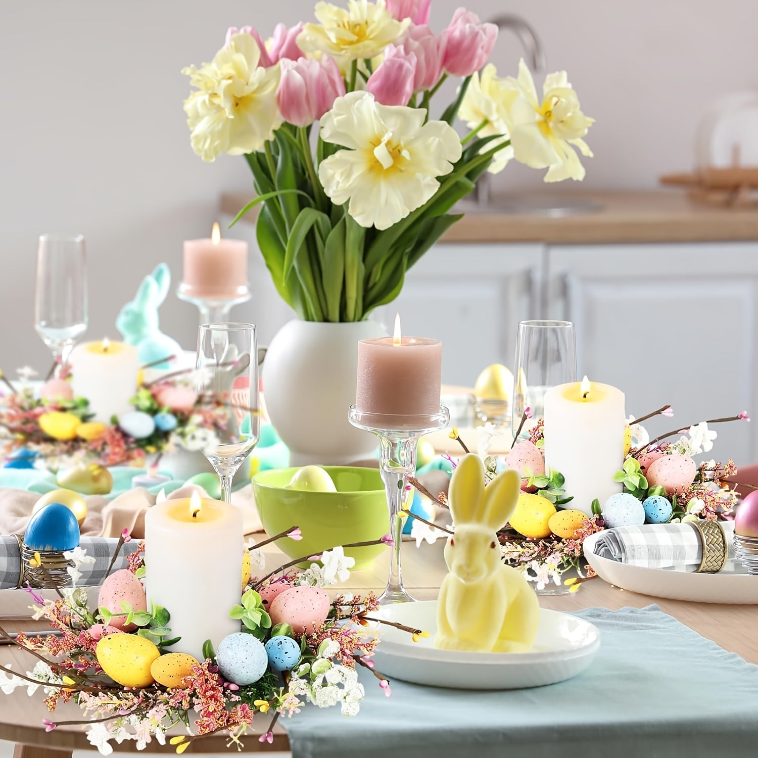 3pcs Mini Easter Candle Wreaths with Ribbon Bow & Berries - Spring Table Centerpieces Suitable for Farmhouse Decor, Artificial Daisies Wildflowers Wreath Holders for Candles, Eggs, for Kitchen Decoration, Plastic Ring Wreath