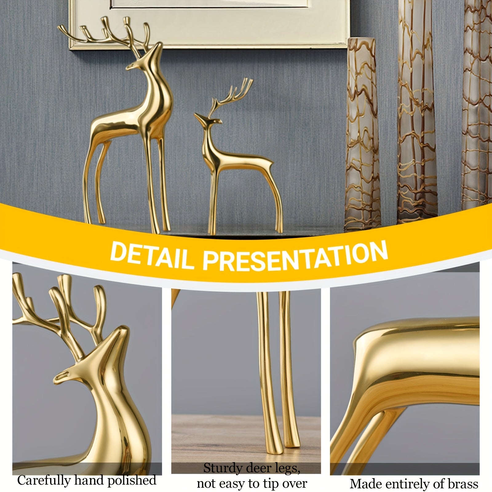 Reindeer Figurine Statues Deluxe Set of 2, Christmas Deer Pure Heavy Reindeer Ornaments for Home Decor Accents Living Room Office Bookself Tabletop Mantle Christmas Decoration, Golden