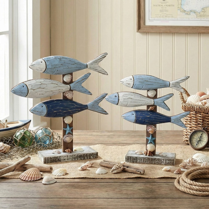 3-Tier Wooden Fish Nautical Decor, Mediterranean Coastal Tabletop Ornament with Seashells, Rustic Home Decor for Shelf And TV Stand