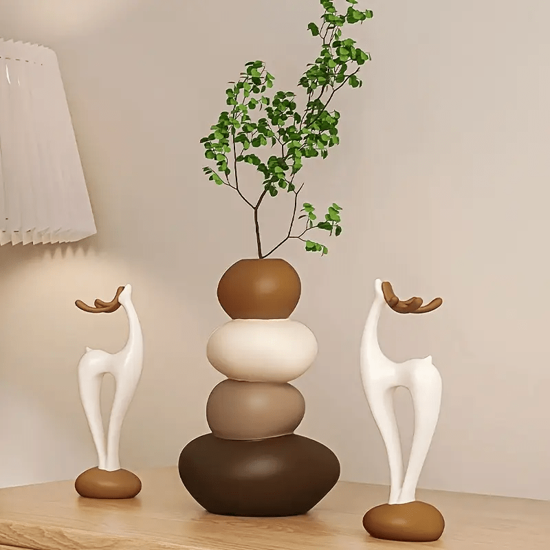 A Set of Three Creative Stacked Stone Vases Combined with Deer Ornaments, Made of Resin, Suitable for Home Decor in Living Rooms, Bedrooms, Desks, And Bookshelves, Making a Unique Christmas Gift for Family And Friends