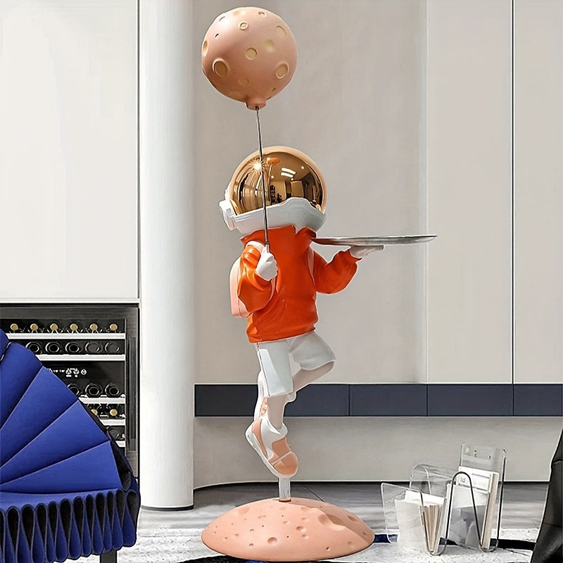 Space-Themed Decor Large Resin Astronaut Tabletop Decor - Golden & Black Space-Themed Furniture Sculpture with Serving Tray, No Electricity Needed for Living Room, Entryway, TV Cabinet - Whimsical Modern Home Decoration