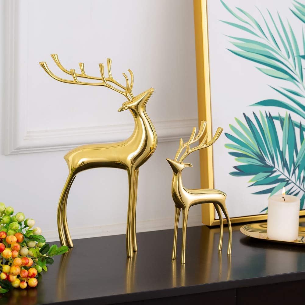 Reindeer Figurine Statues Deluxe Set of 2, Christmas Deer Pure Heavy Reindeer Ornaments for Home Decor Accents Living Room Office Bookself Tabletop Mantle Christmas Decoration, Golden