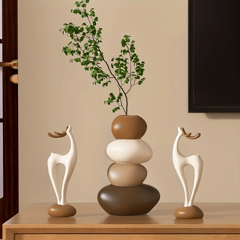 A Set of Three Creative Stacked Stone Vases Combined with Deer Ornaments, Made of Resin, Suitable for Home Decor in Living Rooms, Bedrooms, Desks, And Bookshelves, Making a Unique Christmas Gift for Family And Friends