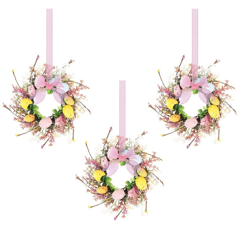 3pcs Mini Easter Candle Wreaths with Ribbon Bow & Berries - Spring Table Centerpieces Suitable for Farmhouse Decor, Artificial Daisies Wildflowers Wreath Holders for Candles, Eggs, for Kitchen Decoration, Plastic Ring Wreath