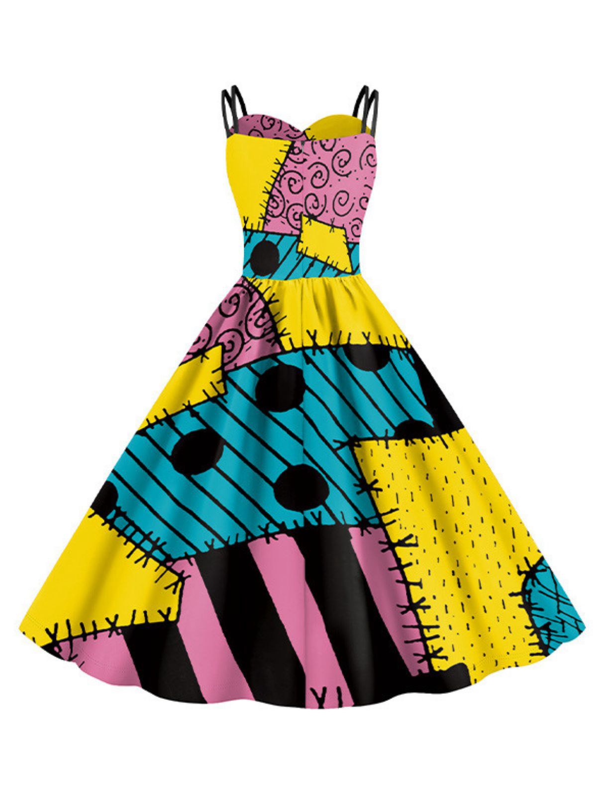 Multicolor 1950s Nightmare Before Christmas Sally Colorblock Dress