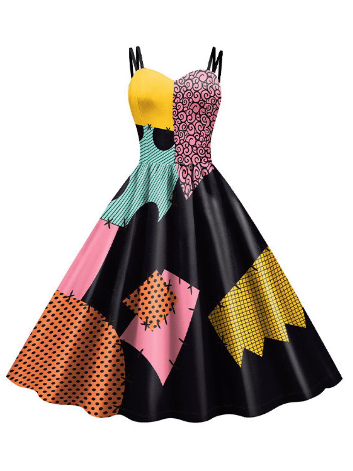 Multicolor 1950s Nightmare Before Christmas Sally Colorblock Dress