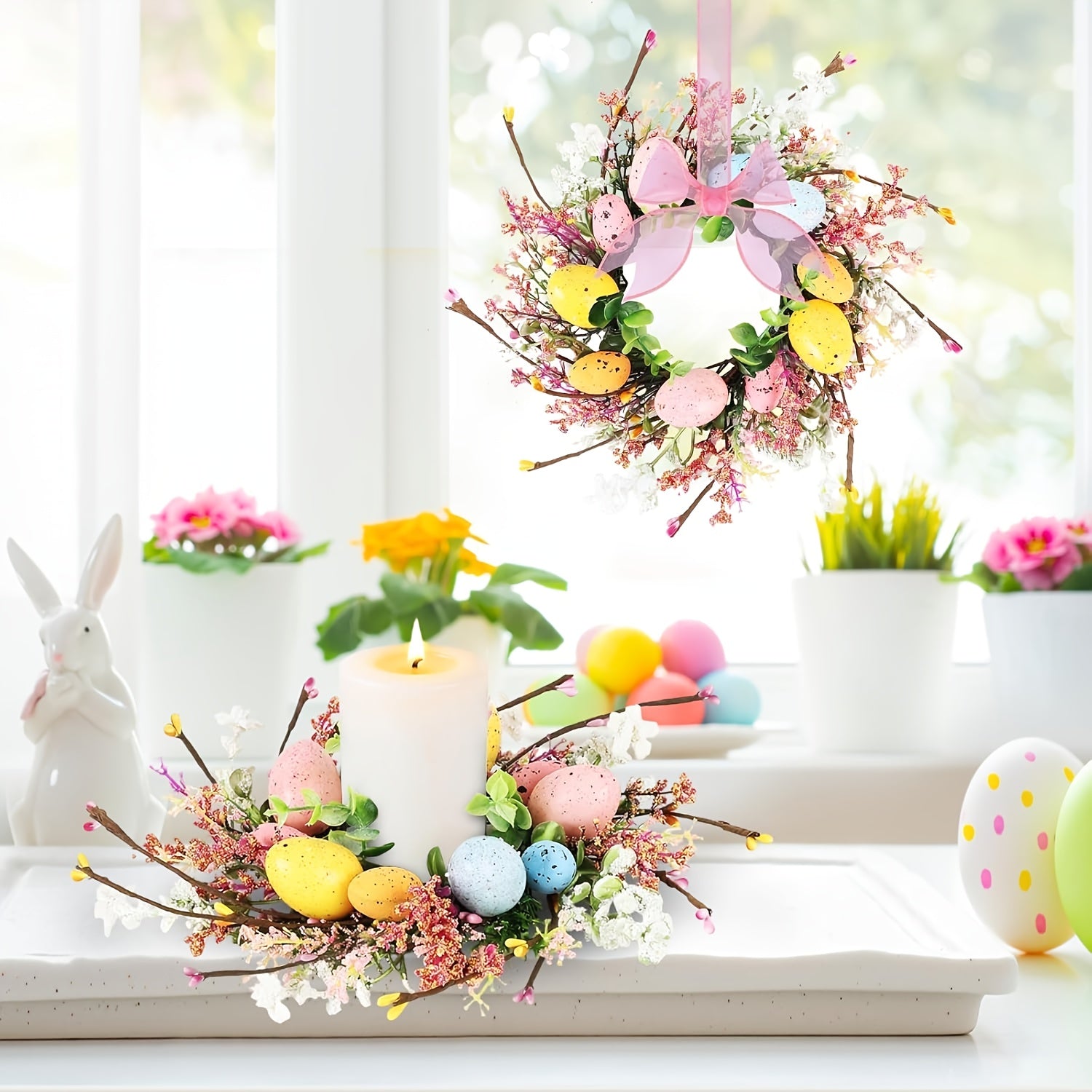 3pcs Mini Easter Candle Wreaths with Ribbon Bow & Berries - Spring Table Centerpieces Suitable for Farmhouse Decor, Artificial Daisies Wildflowers Wreath Holders for Candles, Eggs, for Kitchen Decoration, Plastic Ring Wreath