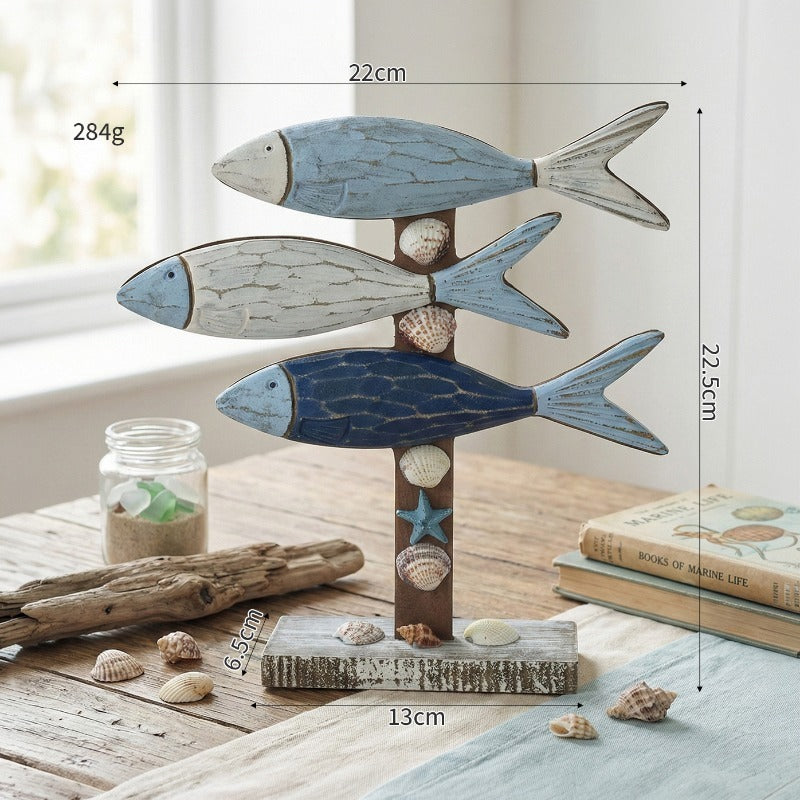 3-Tier Wooden Fish Nautical Decor, Mediterranean Coastal Tabletop Ornament with Seashells, Rustic Home Decor for Shelf And TV Stand