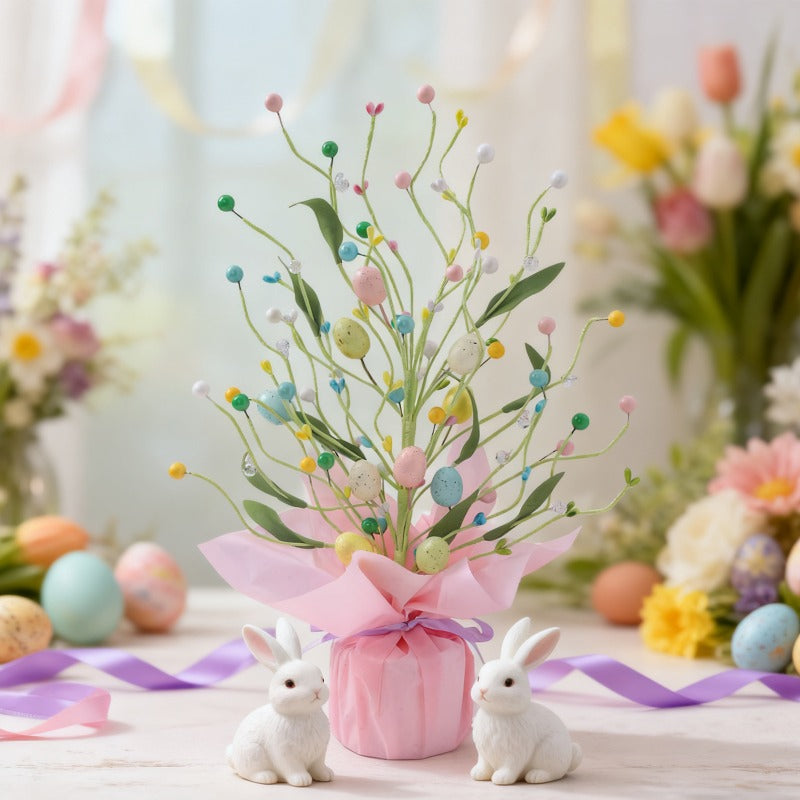 Small Artificial Tree Adorned with Flowers, Perfect for Spring Festival Tabletop Decor, a Maintenance-Free Easter Ornament Made of Plastic