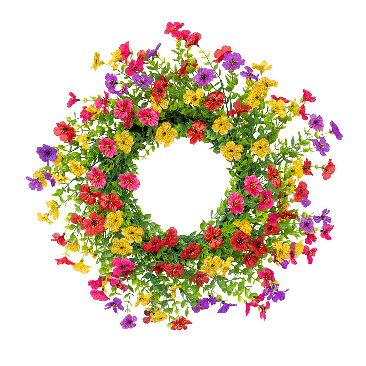 1 Round Artificial Wreath with Three- Colored Petunias. with a Rattan Base and Full Flower Clusters. Suitable for Home Entrances, Courtyards and Commercial Use, Full of Spring Rural Style.