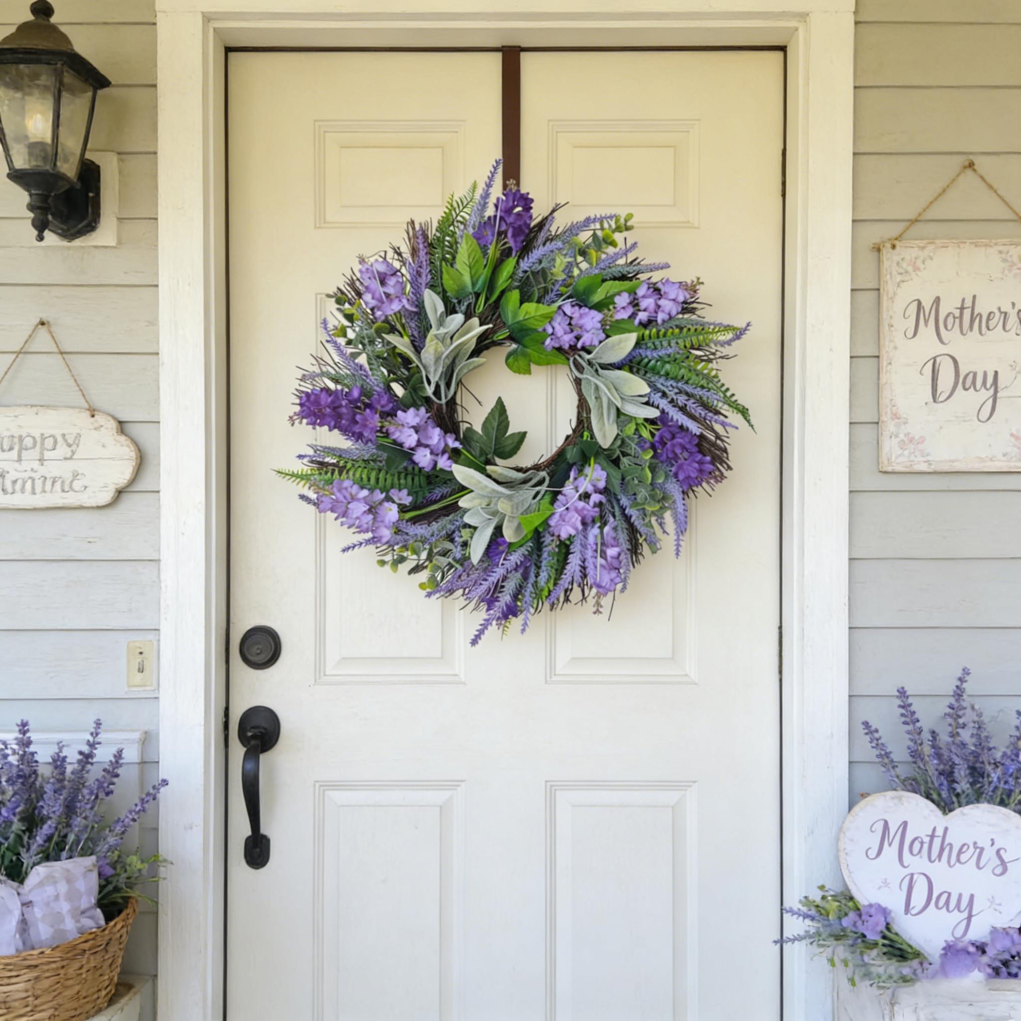 1pc 19Inch Lavender Wreath Suitable for Front Door, Wall-Mounted Country Style Artificial Flower Garland with Lavender Blooms, Plastic Indoor\u002F Decoration for Spring Summer Mother's Day Gift, Year-Round Door Decor