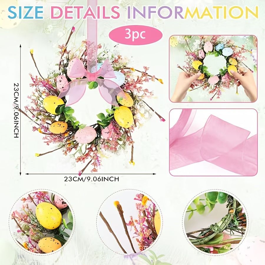 3pcs Mini Easter Candle Wreaths with Ribbon Bow & Berries - Spring Table Centerpieces Suitable for Farmhouse Decor, Artificial Daisies Wildflowers Wreath Holders for Candles, Eggs, for Kitchen Decoration, Plastic Ring Wreath