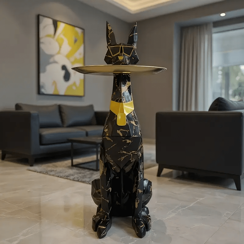 Stylish Large Animal Sculpture Modern Black Golden Marble Resin Dog Statue | Geometric Gentleman's Decorative Tray | Floor-standing Ornament for Living Room