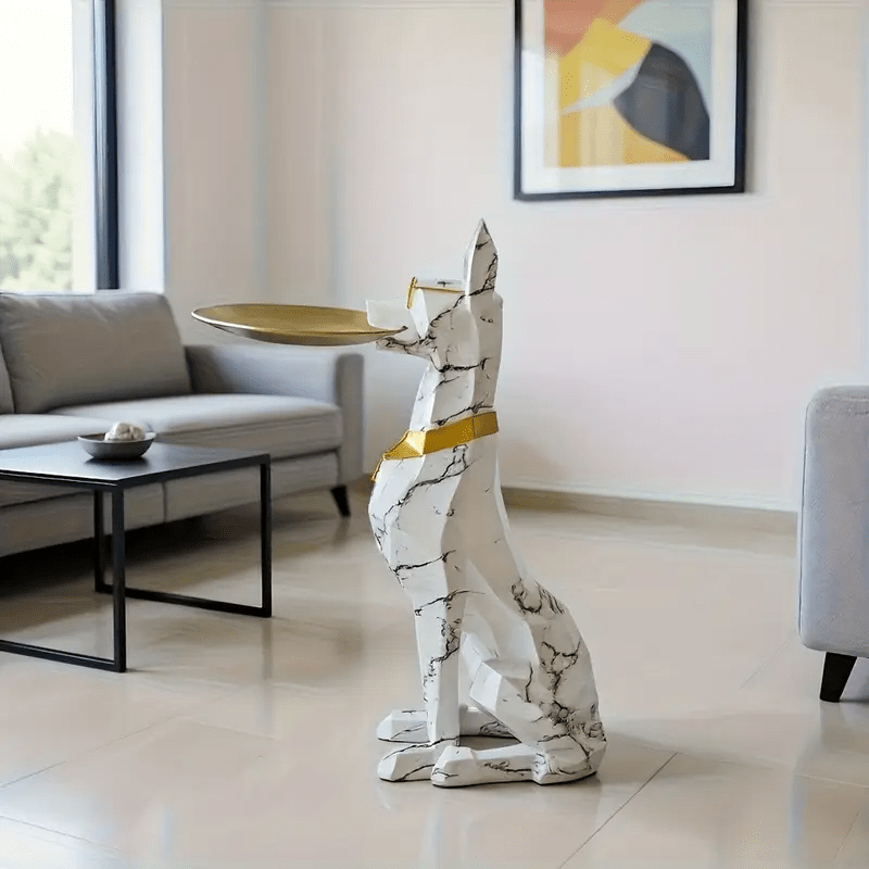 Stylish Large Animal Sculpture Modern Black Golden Marble Resin Dog Statue | Geometric Gentleman's Decorative Tray | Floor-standing Ornament for Living Room