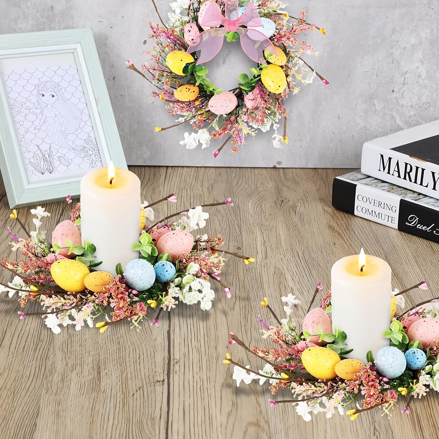 3pcs Mini Easter Candle Wreaths with Ribbon Bow & Berries - Spring Table Centerpieces Suitable for Farmhouse Decor, Artificial Daisies Wildflowers Wreath Holders for Candles, Eggs, for Kitchen Decoration, Plastic Ring Wreath