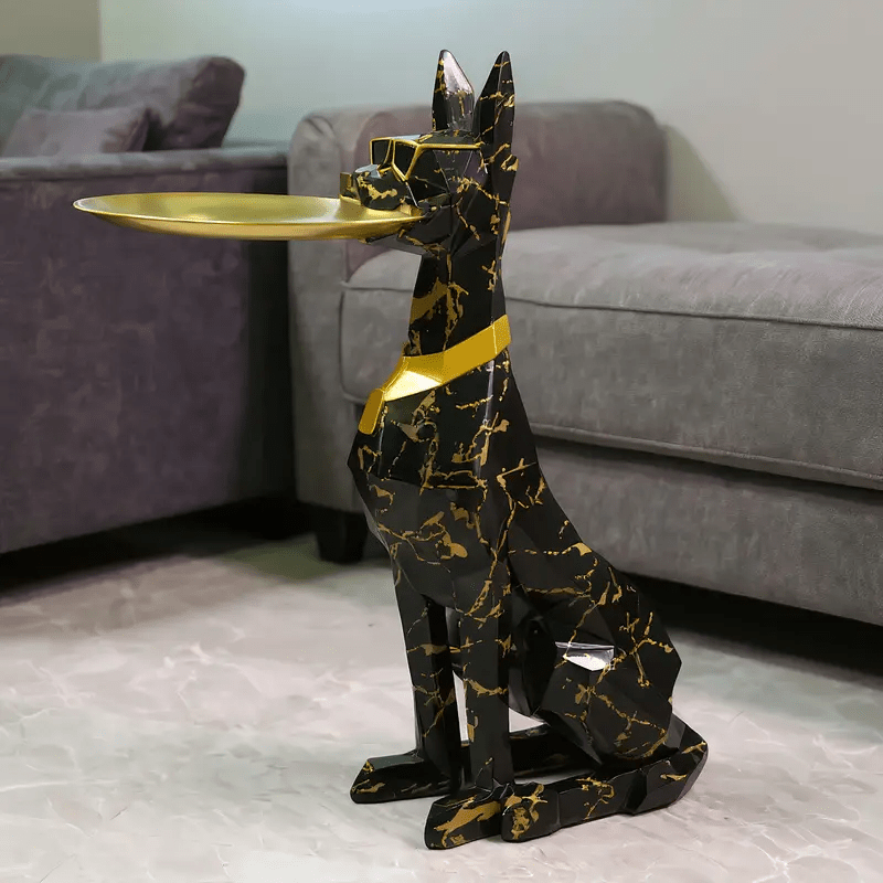 Stylish Large Animal Sculpture Modern Black Golden Marble Resin Dog Statue | Geometric Gentleman's Decorative Tray | Floor-standing Ornament for Living Room
