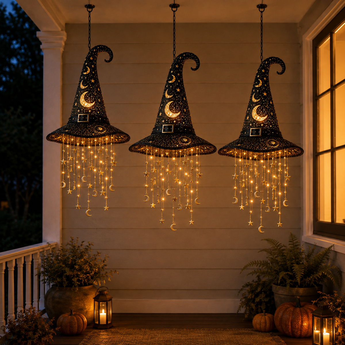 🎃Halloween Lighted Witch Hat Wind Chime, Glowing Hanging Chime Decoration, Spooky LED Witch Hat Ornament for Yard, Window & Party Decor