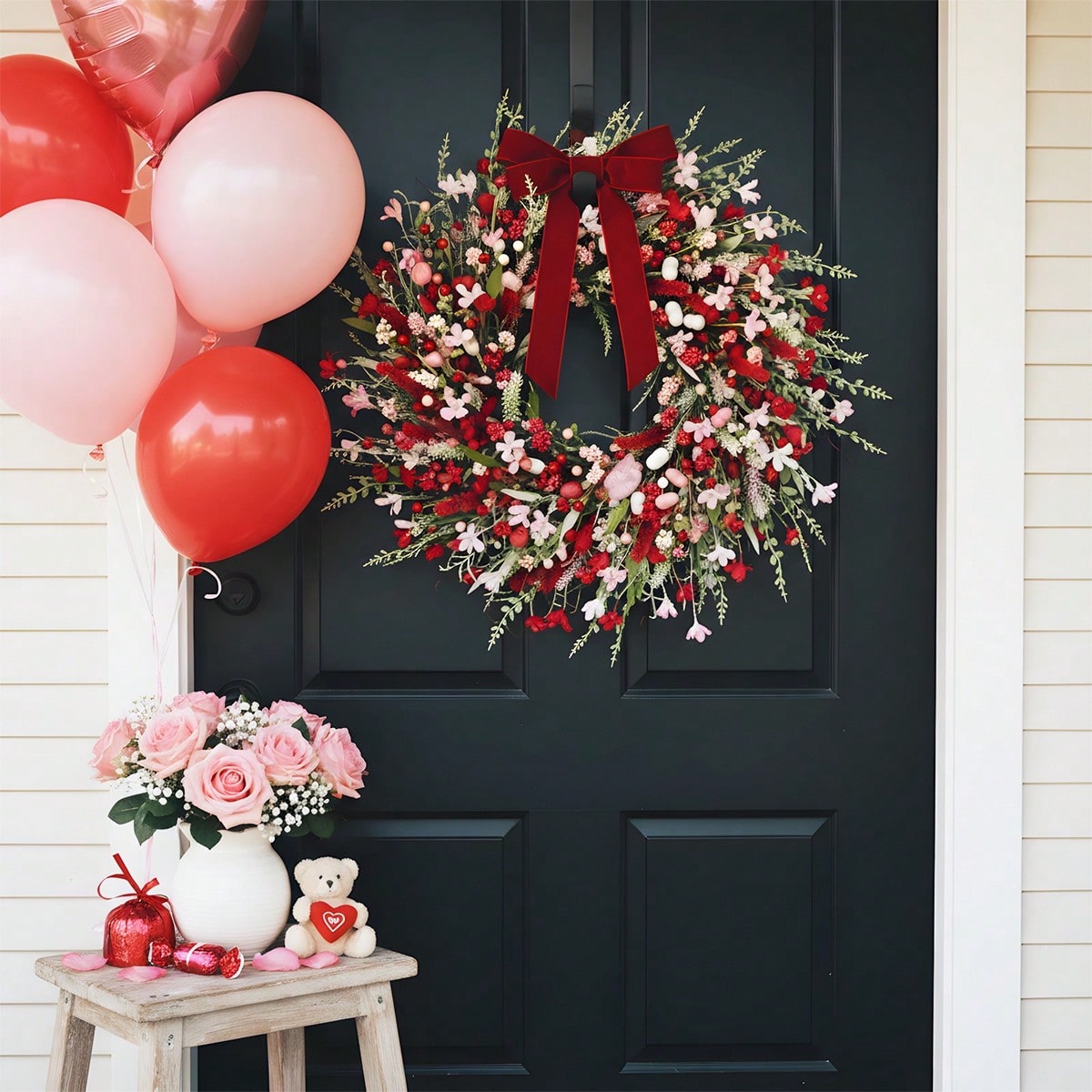 17.72' Spring Wreaths for Front Door Not Withering Artificial Floral Wreath with Wildflowers Summer Decorations for Indoor Outdoor Window Wall Farmhouse Porch Wedding Easter Home Decor Red Pink, Valentines Day, Mothers Day, Spring Decoration