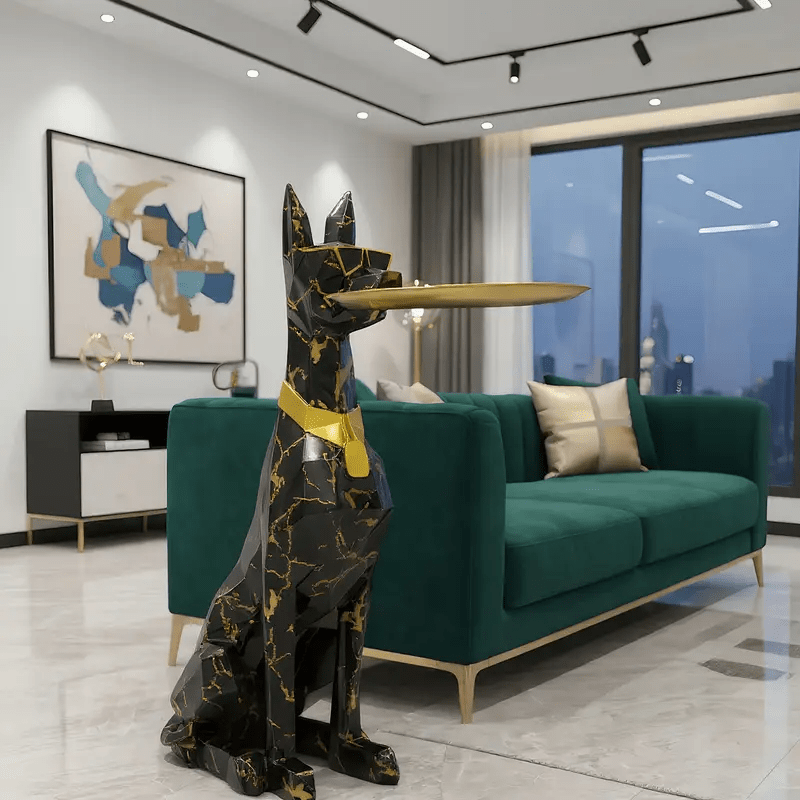Stylish Large Animal Sculpture Modern Black Golden Marble Resin Dog Statue | Geometric Gentleman's Decorative Tray | Floor-standing Ornament for Living Room