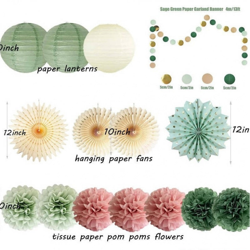 2026, Sage Green Paper Lantern Set Party Decorations Paper Flowers Garland for Event Supplies