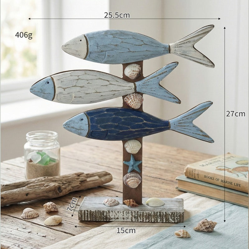 3-Tier Wooden Fish Nautical Decor, Mediterranean Coastal Tabletop Ornament with Seashells, Rustic Home Decor for Shelf And TV Stand