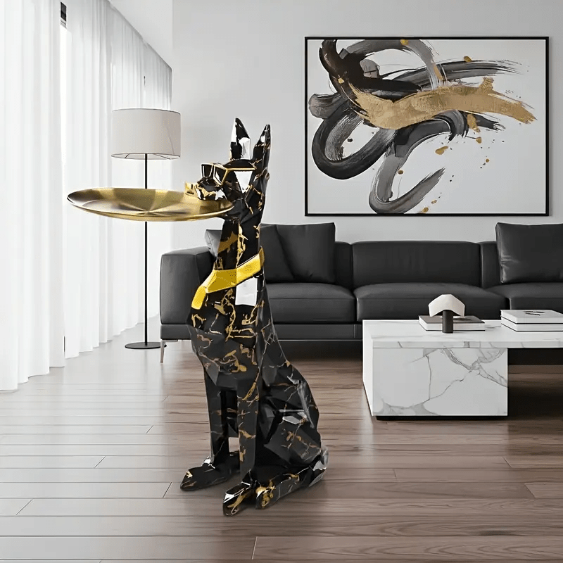 Stylish Large Animal Sculpture Modern Black Golden Marble Resin Dog Statue | Geometric Gentleman's Decorative Tray | Floor-standing Ornament for Living Room