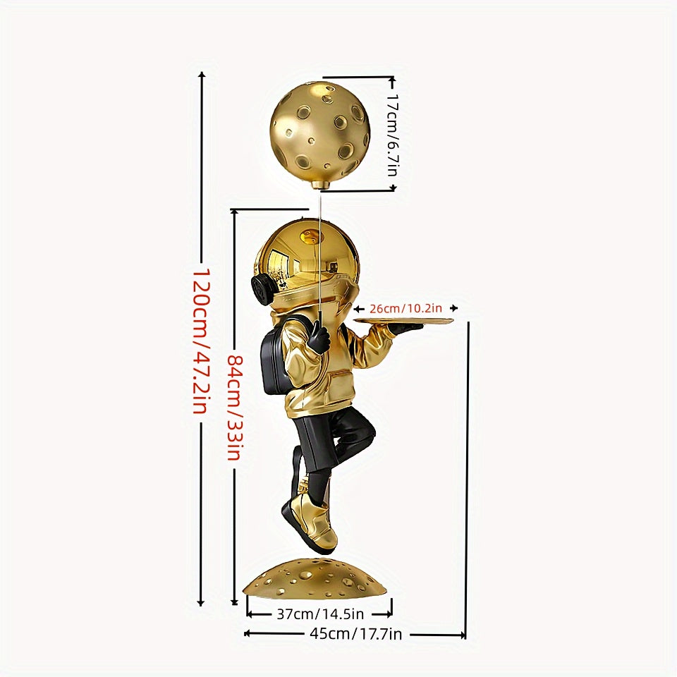 Space-Themed Decor Large Resin Astronaut Tabletop Decor - Golden & Black Space-Themed Furniture Sculpture with Serving Tray, No Electricity Needed for Living Room, Entryway, TV Cabinet - Whimsical Modern Home Decoration