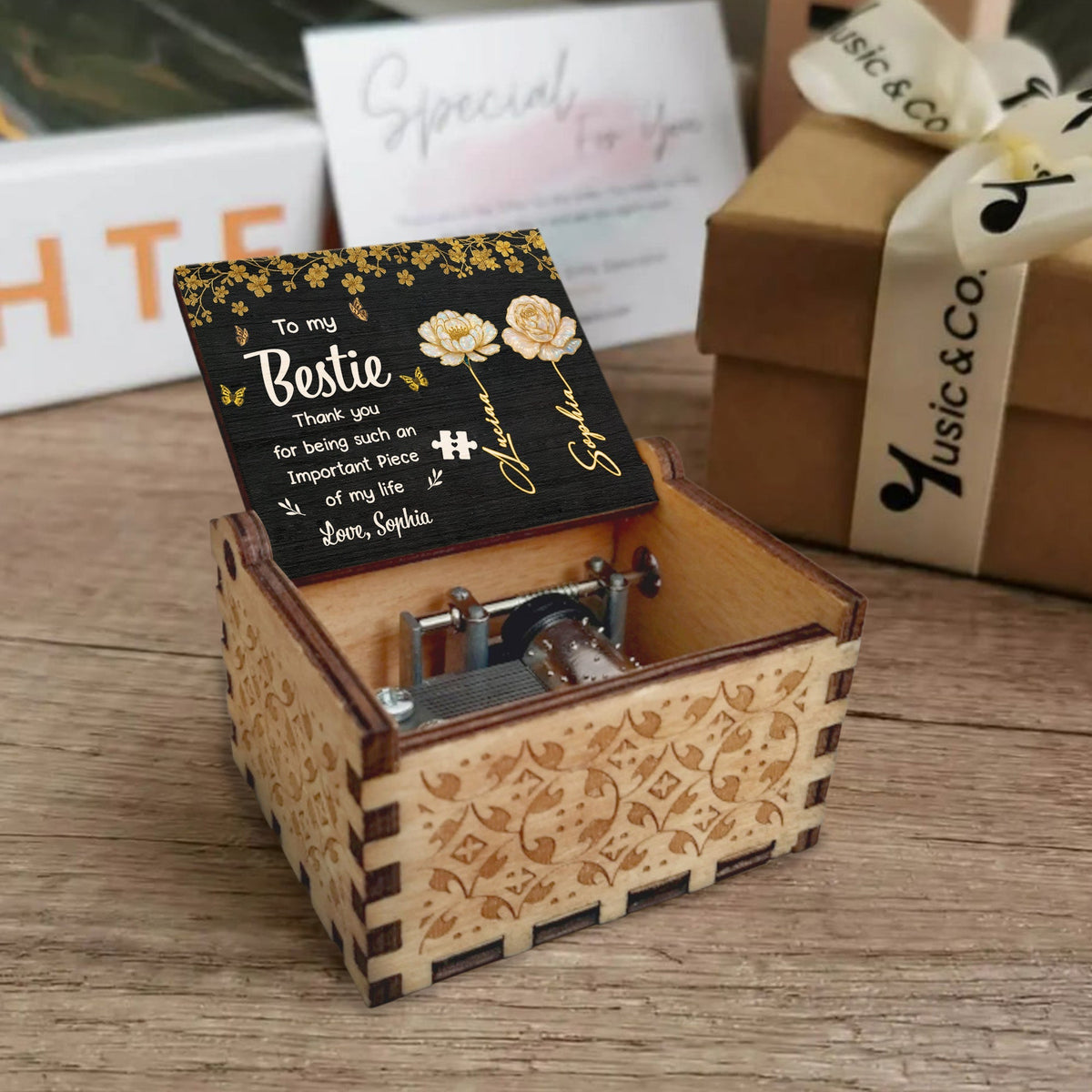 To My Bestie Thank You, Flowers And Puzzle Piece - Custom Music Box With "You Are My Sunshine" Tune - BST260_MZB