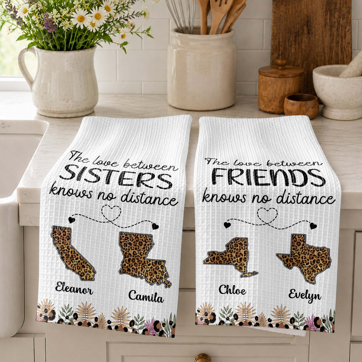 The Love Between Friends Knows No Distance Leopard States And Hearts - Personalized Kitchen Towel - BST758_TOWL