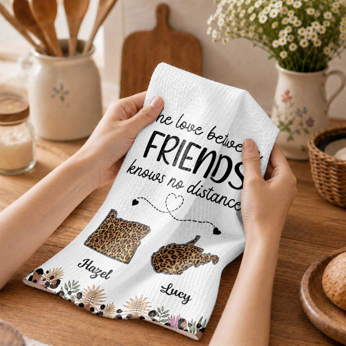 The Love Between Friends Knows No Distance Leopard States And Hearts - Personalized Kitchen Towel - BST758_TOWL
