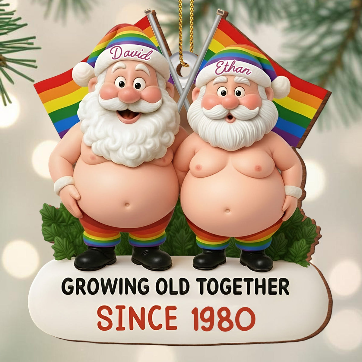 Growing Old Together, Santa Hats And Rainbow Flag - Personalized Custom Wood Ornament, Custom Shaped - CPL1064_WDO