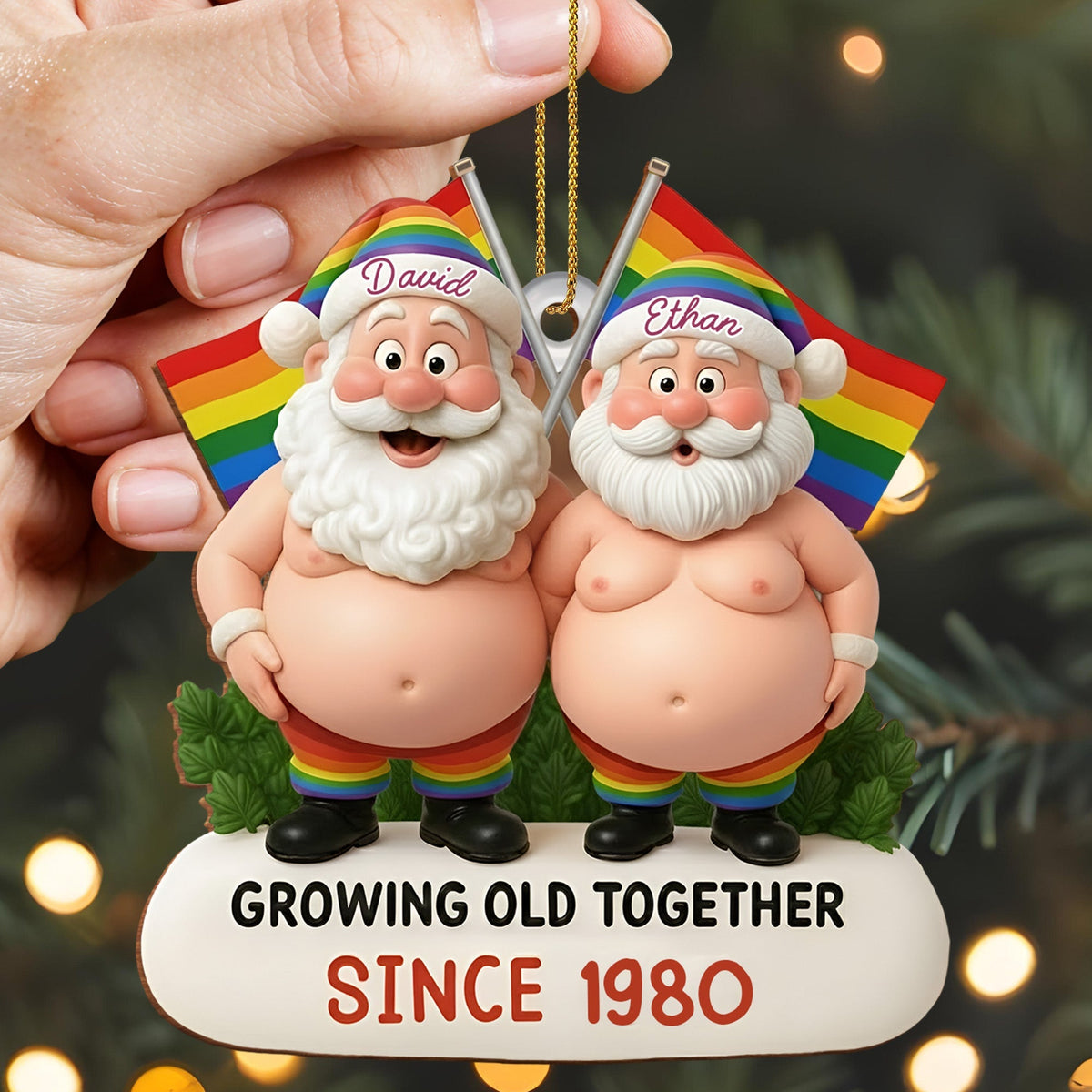 Growing Old Together, Santa Hats And Rainbow Flag - Personalized Custom Wood Ornament, Custom Shaped - CPL1064_WDO