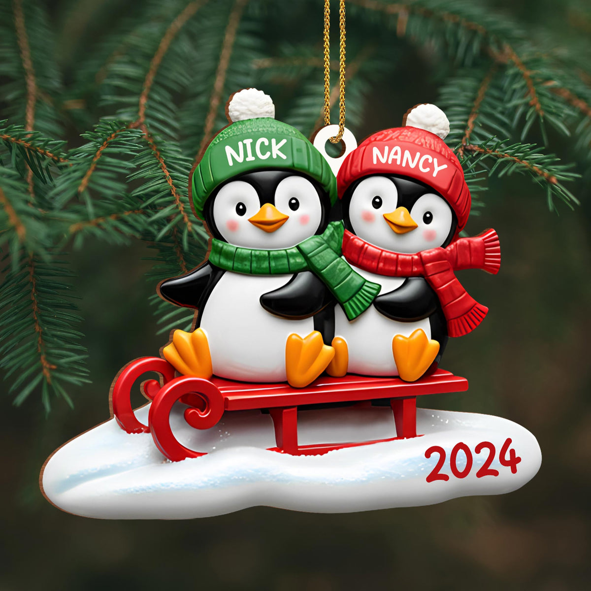 Joy To The World Penguins On A Sled - Personalized Custom Wood Ornament, Custom Shaped - CPL118_WDO