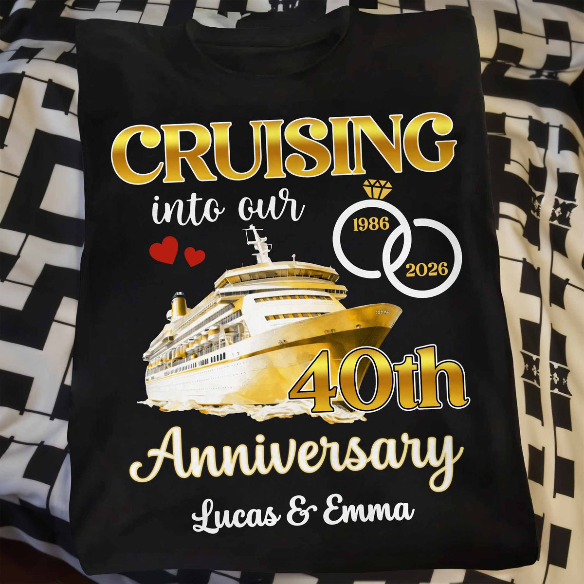 Cruising Into Our Anniversary, Cruise Ship and Rings - Personalized Custom Unisex T-shirt, Hoodie - CPL1283_BBAS