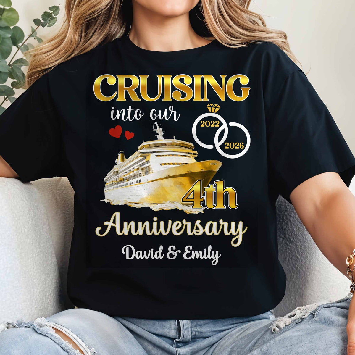 Cruising Into Our Anniversary, Cruise Ship and Rings - Personalized Custom Unisex T-shirt, Hoodie - CPL1283_BBAS