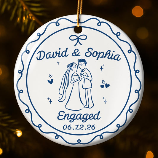 Engaged Couple With Bride And Groom Illustration - Personalized Custom Ceramic Ornament With Round Shape - CPL1753_RCE