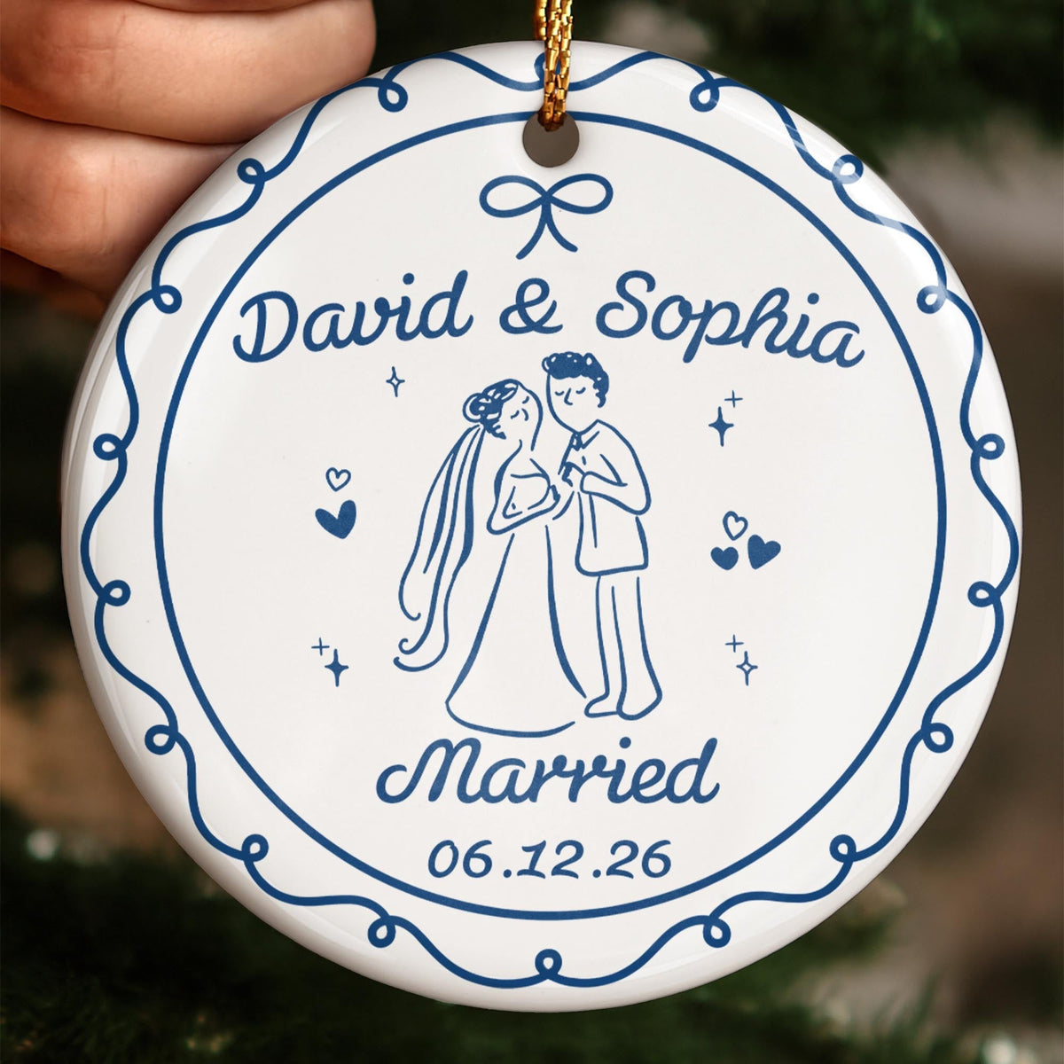 Engaged Couple With Bride And Groom Illustration - Personalized Custom Ceramic Ornament With Round Shape - CPL1753_RCE