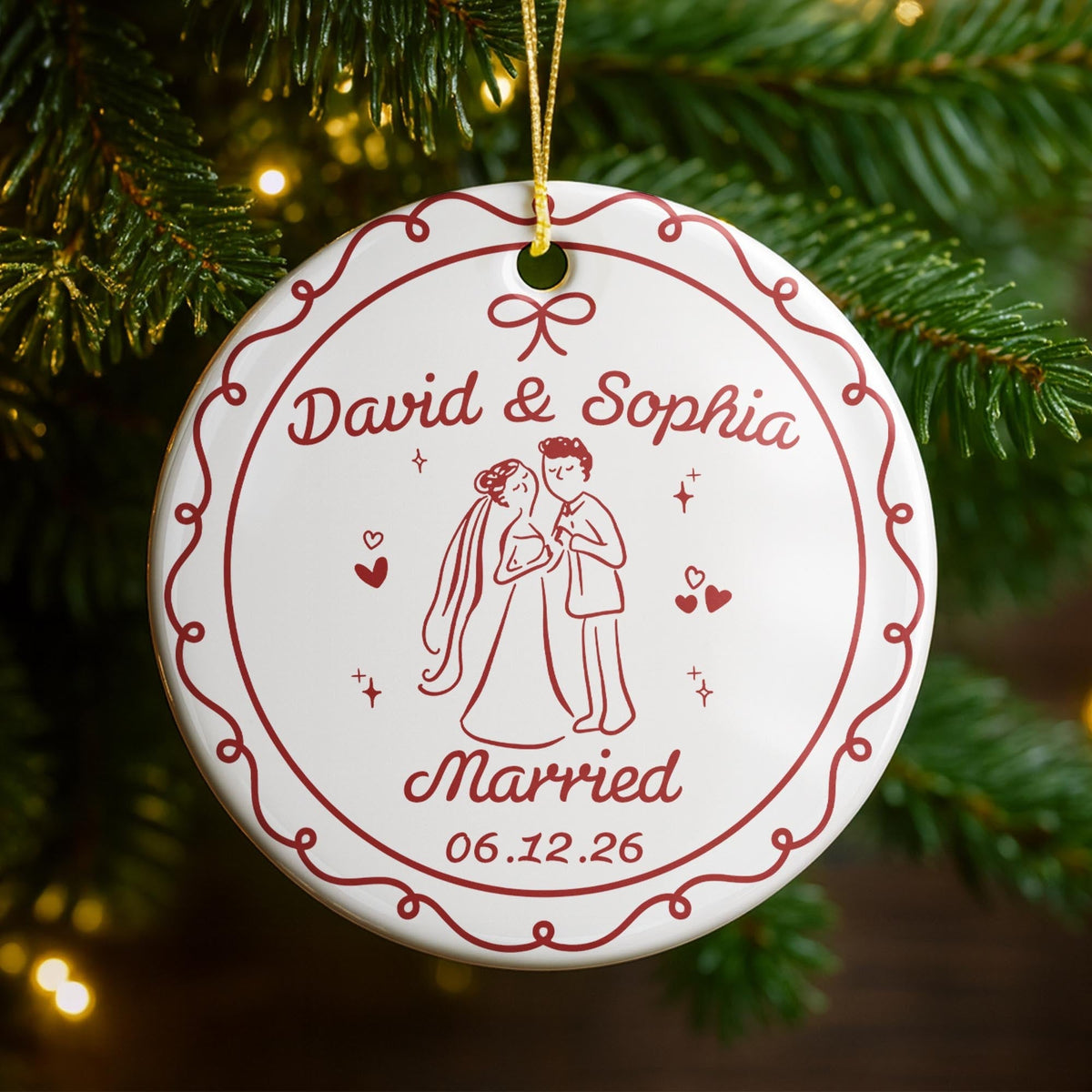 Engaged Couple With Bride And Groom Illustration - Personalized Custom Ceramic Ornament With Round Shape - CPL1753_RCE