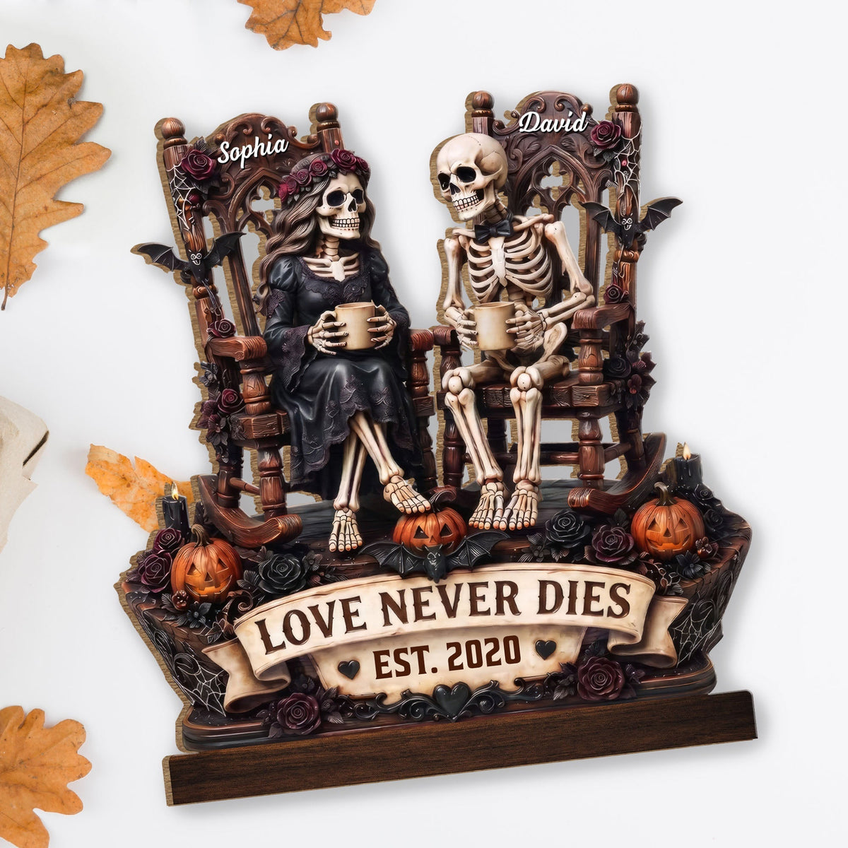 Love Never Dies With Skeletons Couple Pumpkins And Roses - Personalized Custom 2-Layer Wood Plaque With Flat Base - CPL1878_WPLA