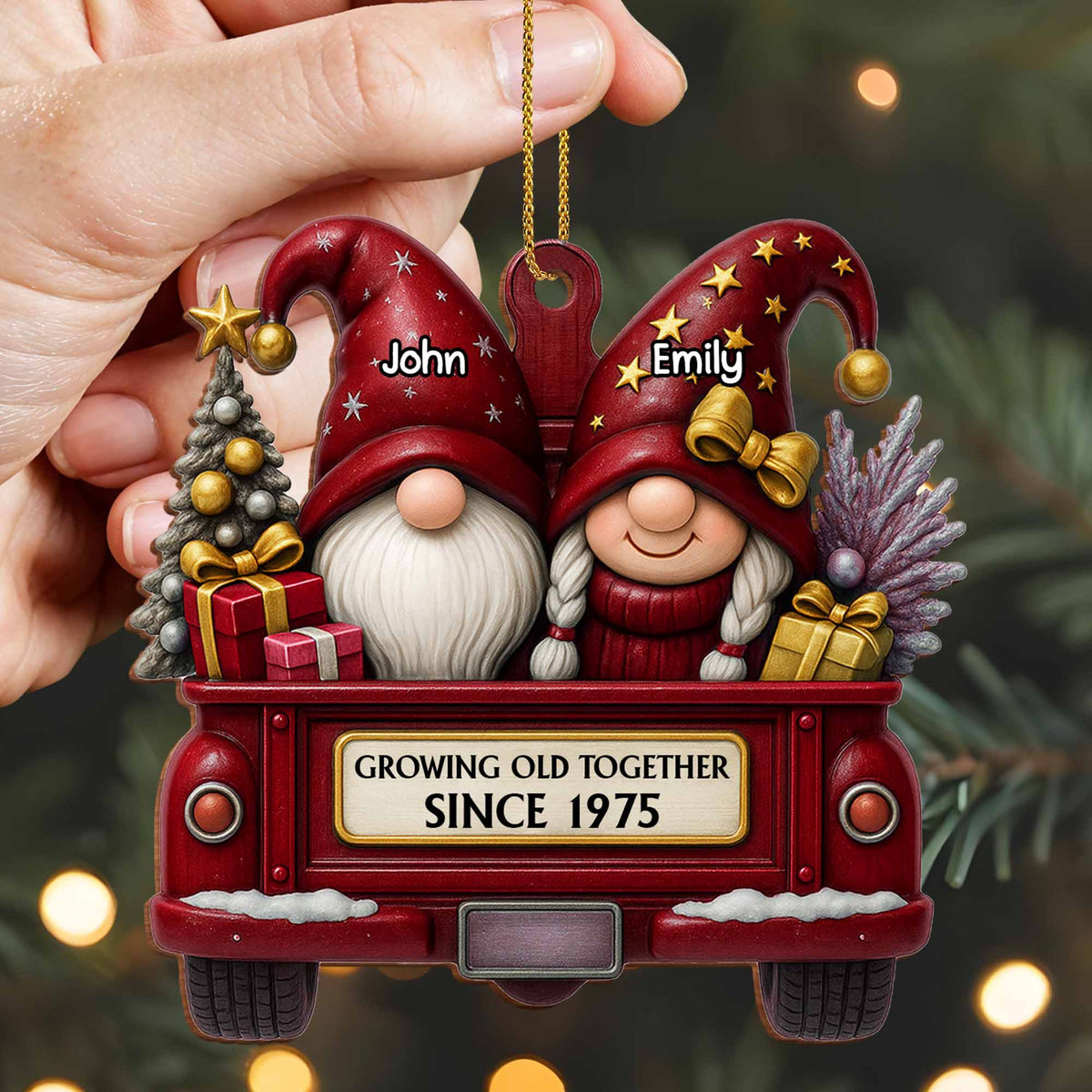 Growing Old Together, Red Truck With Christmas Gnomes - Personalized Custom Wood Ornament, Custom Shaped - CPL484_WDO