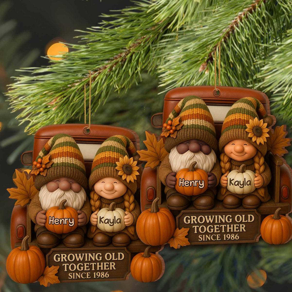 Growing Old Together With Gnomes And Autumn Leaves - Personalized Custom Wood Ornament, Custom Shaped - CPL596_WDO